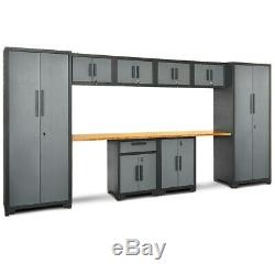 10Pcs Garage Storage Cabinet Set with Workbench Steel Frame Bamboo Worktop US
