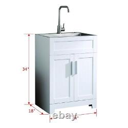 24 Laundry Utility Cabinet with Stainless Steel Sink and Faucet Set White