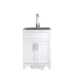 24 inch White Laundry Utility Cabinet with Stainless Steel Sink and Faucet Set