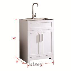 24 inch White Laundry Utility Cabinet with Stainless Steel Sink and Faucet Set