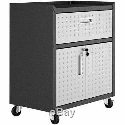 2 Piece Set 2 Door 1 Drawer Rolling Steel Cabinet Garage Storage in Black/Gray