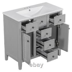 36In Bathroom Vanity Storage Cabinet Set with Top Sink and 2 Doors and 5 Drawers
