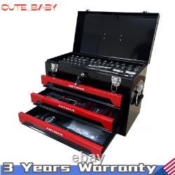 3 Drawers Steel Tool Box Red Storage Tool Chest withKeyed Lock & Tool Set