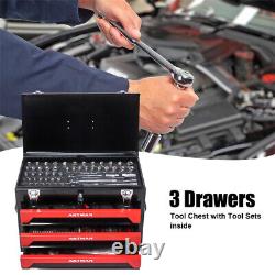 3 Drawers Steel Tool Box Red Storage Tool Chest withKeyed Lock & Tool Set