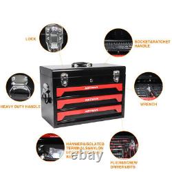 3 Drawers Steel Tool Box Red Storage Tool Chest withKeyed Lock & Tool Set