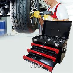 3 Drawers Steel Tool Box Red Storage Tool Chest withKeyed Lock & Tool Set