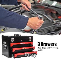 3 Drawers Steel Tool Box Red Storage Tool Chest withKeyed Lock & Tool Set