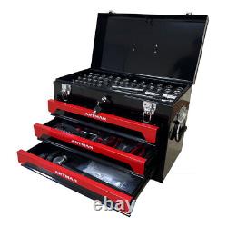 3 Drawers Steel Tool Box Red Storage Tool Chest withKeyed Lock & Tool Set