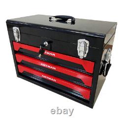 3 Drawers Steel Tool Box Red Storage Tool Chest withKeyed Lock & Tool Set