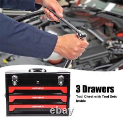 3 Drawers Steel Tool Box Red Storage Tool Chest withKeyed Lock & Tool Set