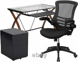 3 Piece Office Set Glass Desk with, Office Chair and Filing Cabinet New