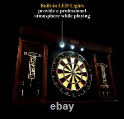 40 Dartboard Cabinet Set LED Lights 6 Steel Tip Darts and Flights, Brown/Black