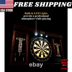40 Dartboard Cabinet Set LED Lights Steel Tip Bulls Eye Darts Game Brown Black