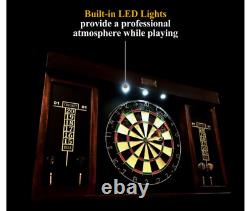 40 Dartboard Cabinet Set, LED Lights, Steel Tip Darts, Brown/Black NEW