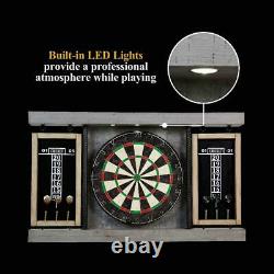 40 Dartboard Cabinet Set, LED Lights, Steel Tip Pine Wood, Indoor Sports Gaming