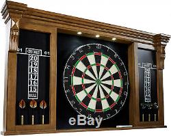 40 Dartboard Cabinet Set Wooden Build-In LED Lights Steel Tip Darts Game Room