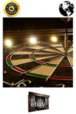 40 Inch Dartboard Cabinet Set LED Lights Steel Tip Darts Home Sports Fun Game