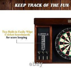 40 Inch Dartboard Cabinet Set with LED Lights and Steel Tip Darts Brown