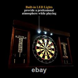 40 Inch Dartboard Cabinet Set with LED Lights and Steel Tip Darts Brown/Black