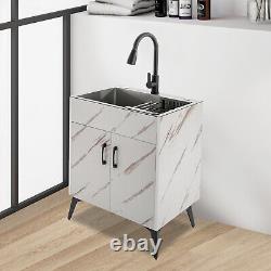 6045cm Laundry Utility Cabinet with Stainless Steel Sink and Faucet Set White