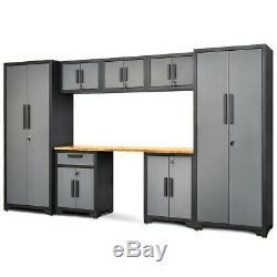 8Pcs Steel Garage Storage Cabinet Set 24 Gauge Rack Shelf with Bamboo Worktop New