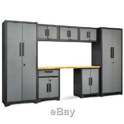 8Pcs Steel Garage Storage Cabinet Set 24 Gauge Rack Shelf with Bamboo Worktop US
