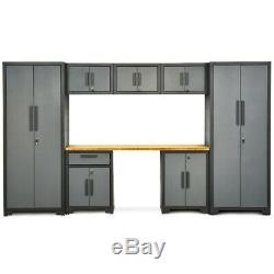 8Pcs Steel Garage Storage Cabinet Set 24 Gauge Rack Shelf with Bamboo Worktop US