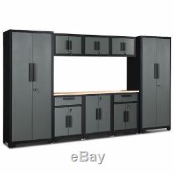 9 Pcs Big Steel Garage Storage Cabinet Set 24 Gauge Rack Shelf with Wooden Worktop