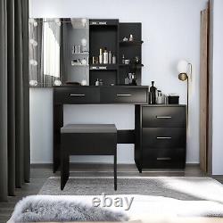 Black Mirror Sliding Door Vanity Table Set, Makeup Cabinet Set withDrawers & Lights