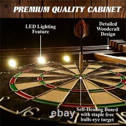 Bristle Dart Board Wood Cabinet Set with LED Lights Steel Tip Darts Dartboard
