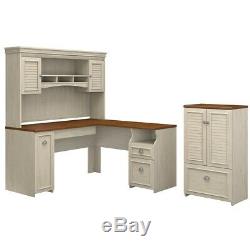 Bush Fairview L Shaped Desk with Hutch and Cabinet in Antique White