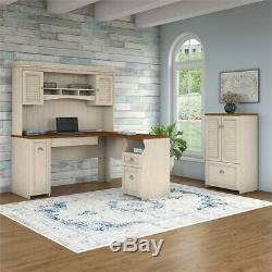 Bush Fairview L Shaped Desk with Hutch and Cabinet in Antique White