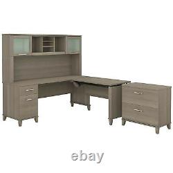 Bush Furniture 72W 3 Position Sit-Stand L-Desk with Hutch & File Cabinet, Ash