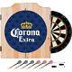 Corona Extra Dart Board Set W Cabinet 6 Steel Tip Darts Sisal Fiber Dartboard