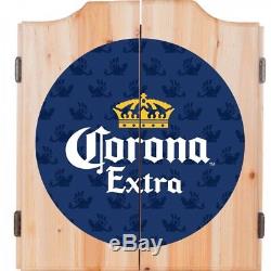 Corona Extra Dart Board Set w Cabinet 6 Steel Tip Darts Sisal Fiber Dartboard