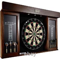 Dartboard Cabinet Set LED Lights Steel Tip Darts Game Room Play 40 Brown/Black