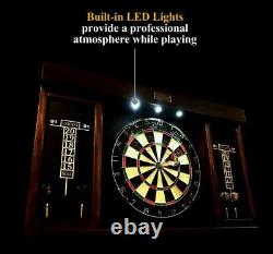 Dartboard Cabinet Set LED Lights Steel Tip Darts Thick Wood Frame Brown Black