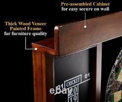 Dartboard Cabinet Set LED Lights Steel Tip Darts Thick Wood Frame Brown Black