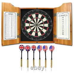 Darts Vintage All American Solid Pine Dart Board and Cabinet Dartboard Set Steel