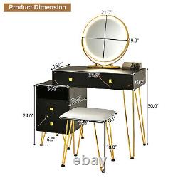 Dimmer LED Mirror Large Storage Cabinet Drawer Vanity Table Stool Set Black