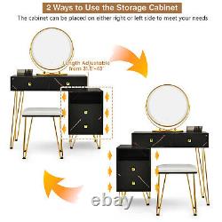Dimmer LED Mirror Large Storage Cabinet Drawer Vanity Table Stool Set Black