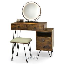 Dimmer LED Mirror Large Storage Cabinet Drawer Vanity Table Stool Set Brown