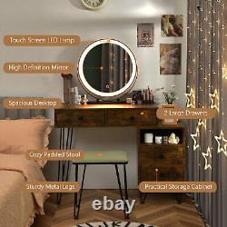 Dimmer LED Mirror Large Storage Cabinet Drawer Vanity Table Stool Set Brown