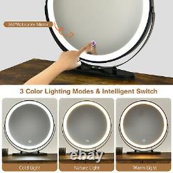 Dimmer LED Mirror Large Storage Cabinet Drawer Vanity Table Stool Set Brown