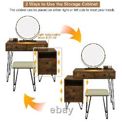 Dimmer LED Mirror Large Storage Cabinet Drawer Vanity Table Stool Set Brown