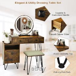 Dimmer LED Mirror Large Storage Cabinet Drawer Vanity Table Stool Set Brown