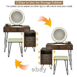Dimmer LED Mirror Large Storage Cabinet Drawer Vanity Table Stool Set Walnut
