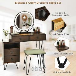 Dimmer LED Mirror Large Storage Cabinet Drawer Vanity Table Stool Set Walnut