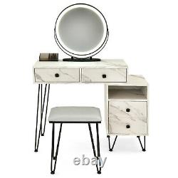 Dimmer LED Mirror Large Storage Cabinet Drawer Vanity Table Stool Set White
