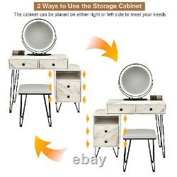Dimmer LED Mirror Large Storage Cabinet Drawer Vanity Table Stool Set White